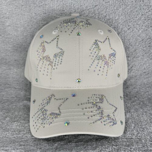 Beige Shooting Star Glitzer Cap | Strass Basecap mit Sternen | Verstellbare Cowgirl Mütze | Bling Festival Cap