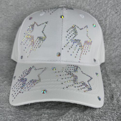White Shooting Star Glitzer Cap | Strass Basecap mit Sternen | Verstellbare Cowgirl Mütze | Bling Festival Cap