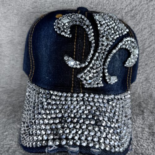 Dark Denim Jeans Glitzer Cap mit Strass | Cowgirl Festival Basecap mit Lilienmotiv | Western Mütze verstellbar