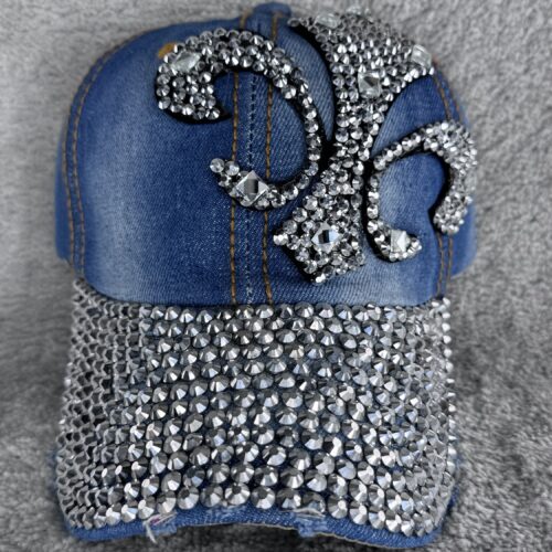 Denim Jeans Glitzer Cap mit Strass | Cowgirl Festival Basecap mit Lilienmotiv | Western Mütze verstellbar