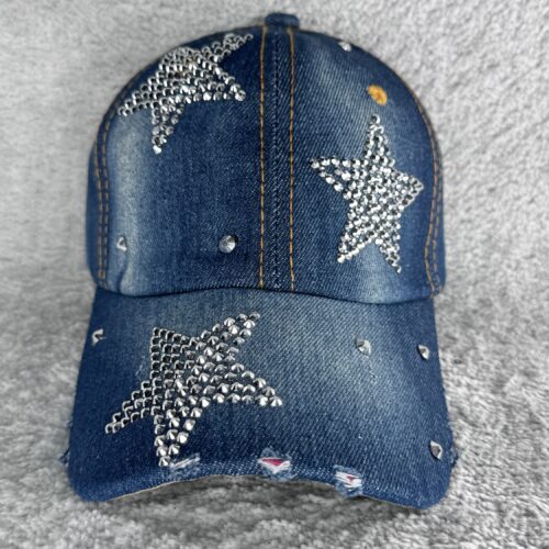 Jeans Cap mit Strass Sternen | Glitzer Basecap Damen | Cowgirl Festival Cap Denim | Verstellbar