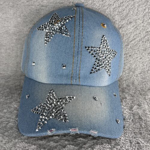 Jeans Cap mit Strass Sternen | Glitzer Basecap Damen | Cowgirl Festival Cap light Denim | Verstellbar