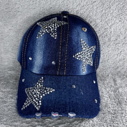 Jeans Cap mit Strass Sternen | Glitzer Basecap Damen | Cowgirl Festival Cap dunkel Denim | Verstellbar