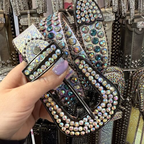 Echtleder Gürtel Chamäleon Strass – Violett | Leder | 4 cm breit | Western Festival Look | Handgemacht & auffällig