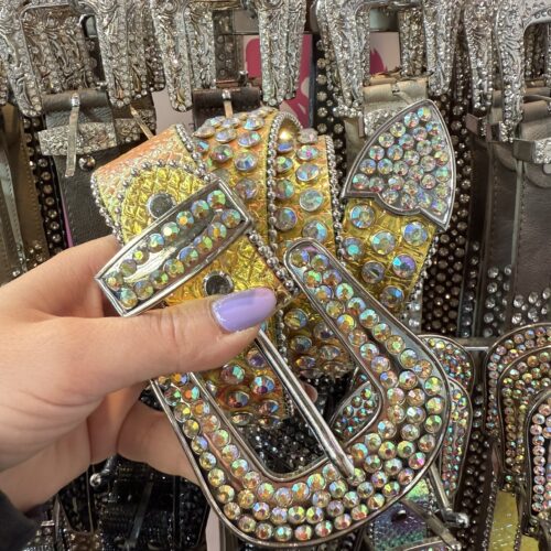 Echtleder Gürtel Chamäleon Strass – Gelb Gold | Leder | 4 cm breit | Western Festival Look | Handgemacht & auffällig