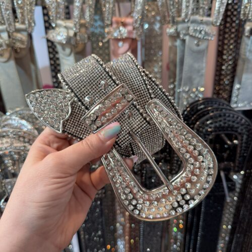 Glitzer Gürtel Silber mit Strass | Kunststoff | 4 cm | Festival Cowgirl Look | Western Style | Funkelnd & Handgemacht