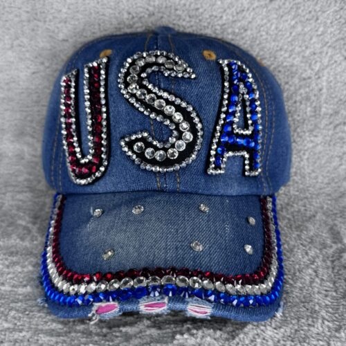 USA Jeans Cap mit Strass | Glitzer Basecap mit Buchstaben | Verstellbare Cowgirl Mütze im Western Style Denim