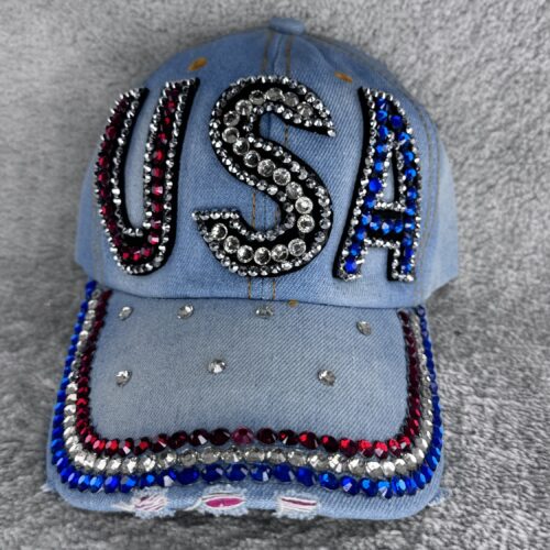 USA Jeans Cap mit Strass | Glitzer Basecap mit Buchstaben | Verstellbare Cowgirl Mütze im Western Style Light Denim