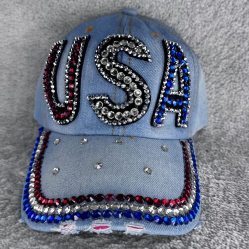 USA Jeans Cap mit Strass | Glitzer Basecap mit Buchstaben | Verstellbare Cowgirl Mütze im Western Style Light Denim