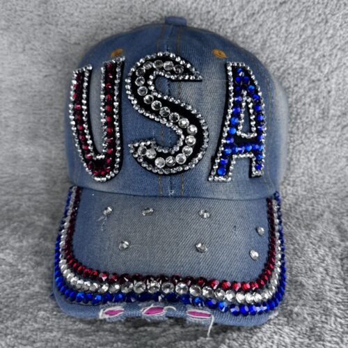 USA Jeans Cap mit Strass | Glitzer Basecap mit Buchstaben | Verstellbare Cowgirl Mütze im Western Style Green Denim