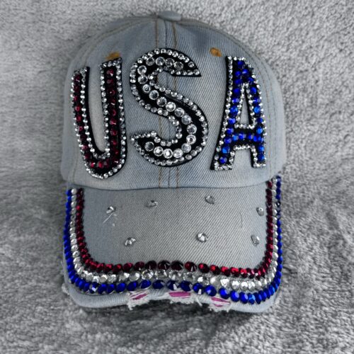 USA Jeans Cap mit Strass | Glitzer Basecap mit Buchstaben | Verstellbare Cowgirl Mütze im Western Style Vintage Denim