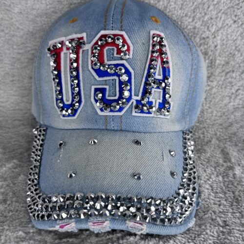 USA Cap mit Strass | Glitzer Basecap Cowgirl Style | Jeans Cap Damen Western Look Festival Light Denim