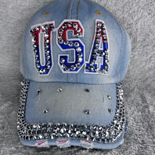 USA Cap mit Strass | Glitzer Basecap Cowgirl Style | Jeans Cap Damen Western Look Festival Light Denim