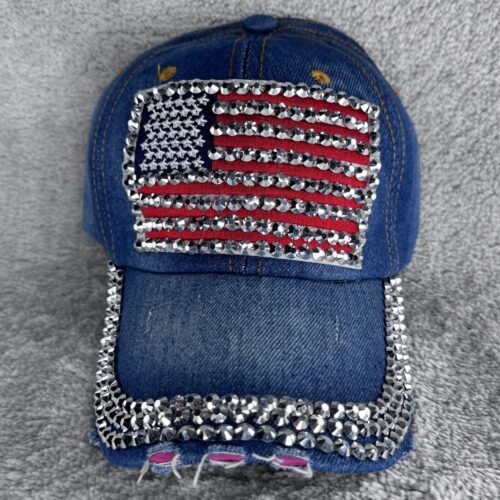 USA Flag Cap mit Strass | Glitzer Basecap im Western Style | Cowgirl Festival Cap Jeans Look Damen Dark Denim