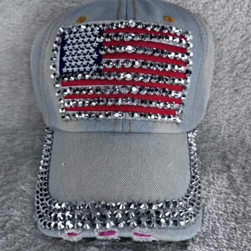 USA Flag Cap mit Strass | Glitzer Basecap im Western Style | Cowgirl Festival Cap Jeans Look Damen Light Denim