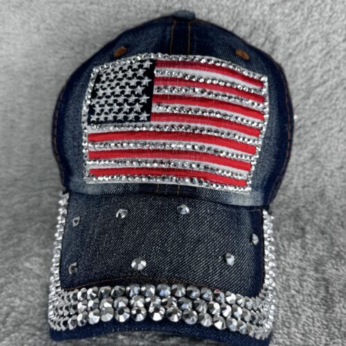 Jeans Cap mit USA Flagge & Strass | Glitzer Basecap im Western Style | Verstellbare Cowgirl Mütze | Dark Denim