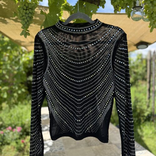 Midnight Shine Western Showbluse Mesh – Silver Shine & Strass – Turnier Cowgirl Outfit – Bling Bling Bluse Schwarz/Silber