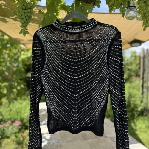 Midnight Shine Western Showbluse Mesh – Silver Shine & Strass – Turnier Cowgirl Outfit – Bling Bling Bluse Schwarz/Silber