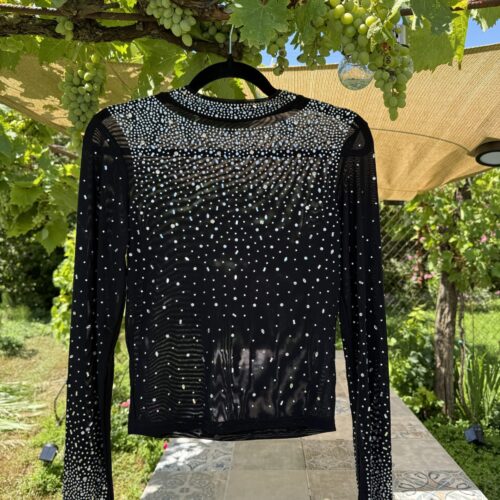 Starlight Cowgirl Western Showbluse Mesh – Silver Shine & Strass – Turnier Cowgirl Outfit – Bling Bling Bluse Schwarz/Silber