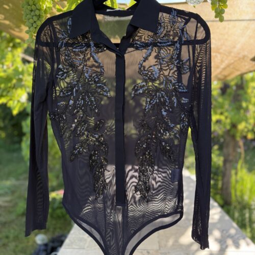 Bodybluse - Body with Rhinestones Sequines floral leaves and a lot of glitter - bling bling with strass