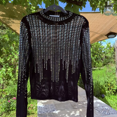 Crystal Waterfall Western Showbluse Mesh – Silver Shine & Strass – Turnier Cowgirl Outfit – Bling Bling Bluse Schwarz/Silber