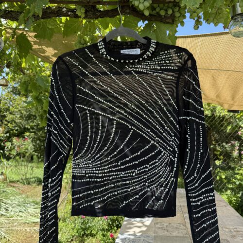 Pearl Shine Western Showbluse Mesh – Silver Shine & Strass – Turnier Cowgirl Outfit – Bling Bling Bluse Schwarz/Silber