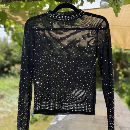 Black Noir Western Showbluse Mesh – Silver Shine & Strass – Turnier Cowgirl Outfit – Bling Bling Bluse Schwarz/Silber