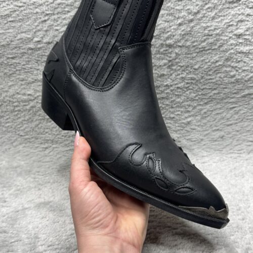 Cowboy Stiefeletten Damen Schwarze Leder Boots mit Metallspitze