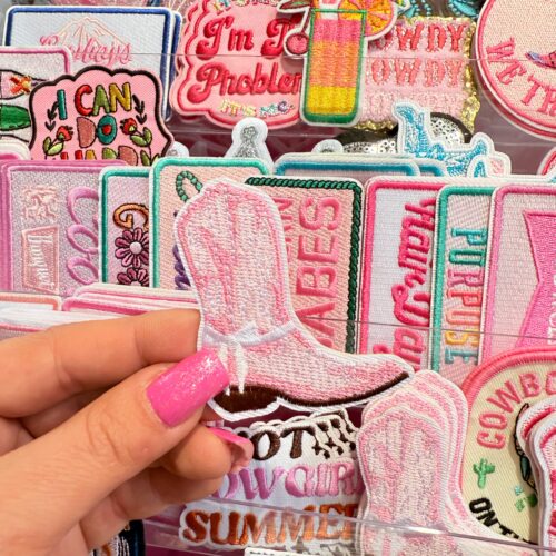 Patch Boot Pink Embroidered Applique for Jackets, Hats & Bags