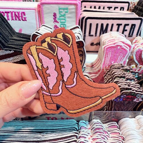 Patch Brown Boots With Pink Ornaments Embroidered Applique for Jackets, Hats & Bags