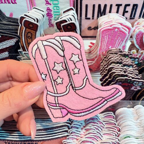 Patch Pink Boots With White Stars Embroidered Applique for Jackets, Hats & Bags