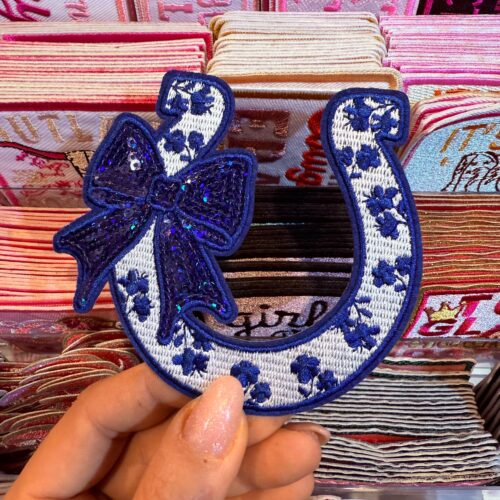 Patch Ribbon Horseshoe Blue Embroidered Applique for Jackets, Hats & Bags