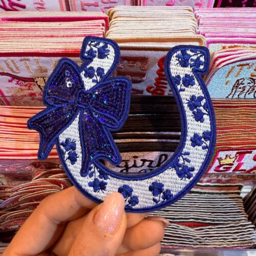 Patch Ribbon Horseshoe Blue Embroidered Applique for Jackets, Hats & Bags