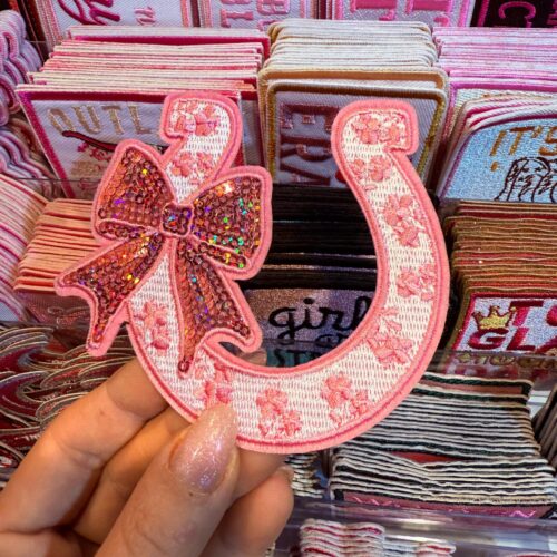Patch Ribbon Horseshoe Pink Embroidered Applique for Jackets, Hats & Bags