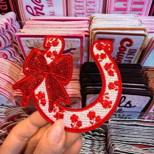 Patch Ribbon Horseshoe Red Embroidered Applique for Jackets, Hats & Bags